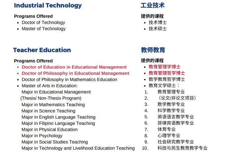 菲律宾大学八打雁国立大学博士/研究生课程包括工业技术及教师教育专业
